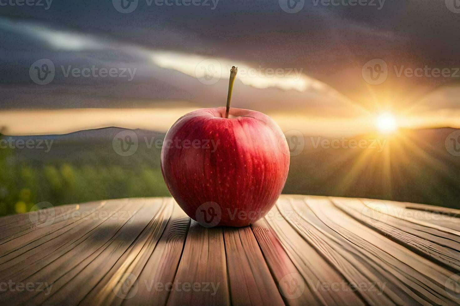 an apple sits on a table in front of a sunset. AI-Generated photo