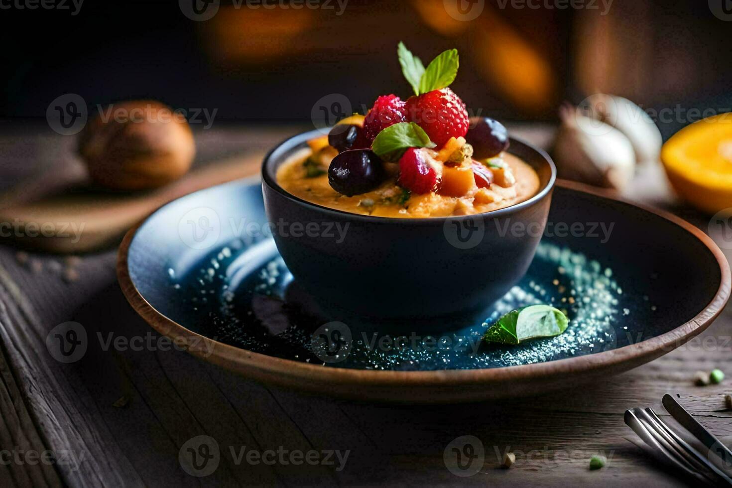 the food is served in a bowl with a spoon and fork. AI-Generated photo