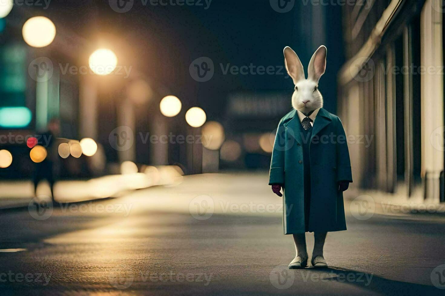 a rabbit wearing a coat and tie standing in the middle of a city street. AI-Generated photo