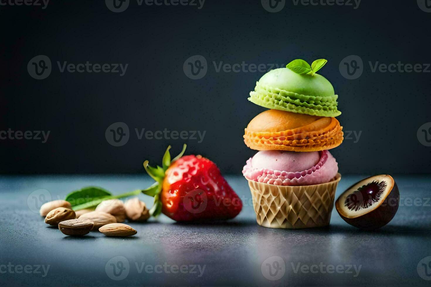 photo wallpaper fruit, the sky, strawberries, macaron, almonds, macaron, macaron. AI-Generated