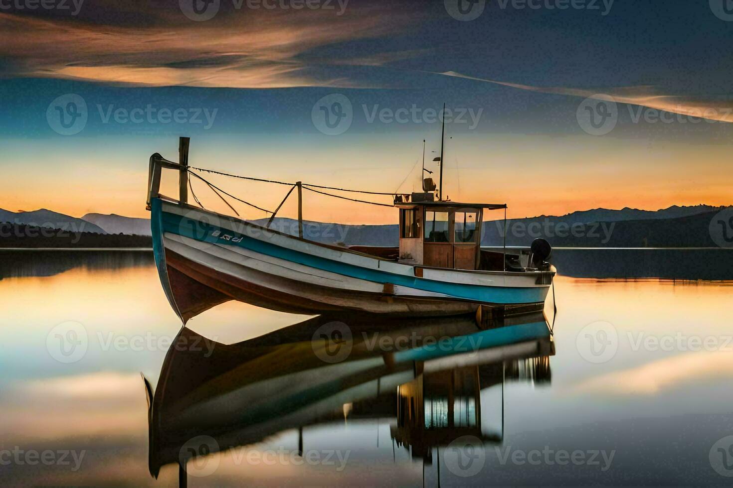 a boat sits on the water at sunset. AI-Generated photo