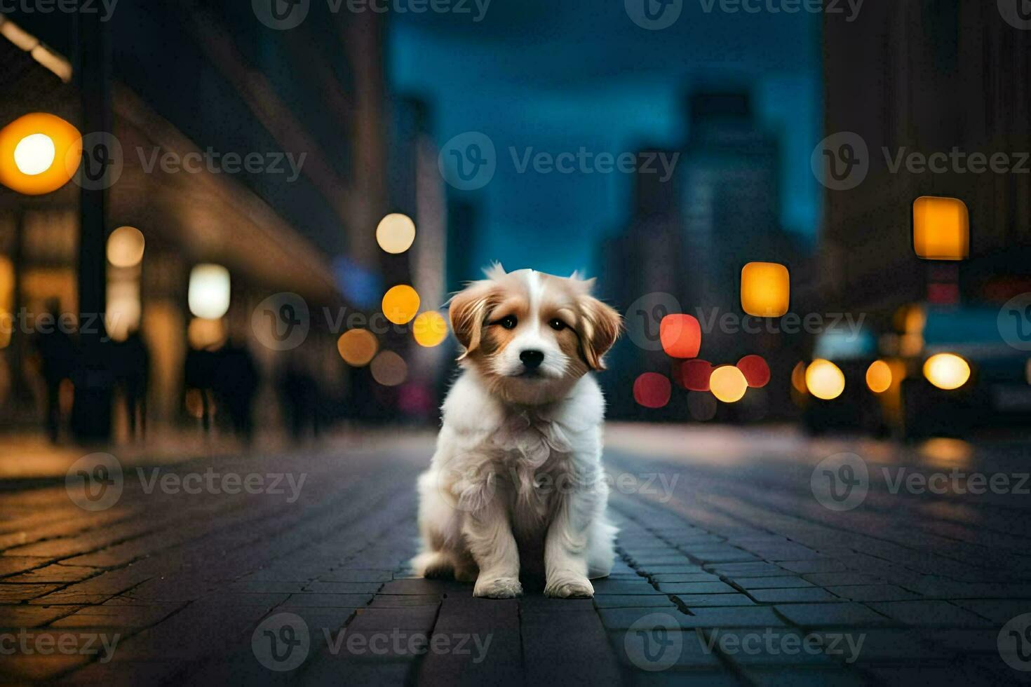 a puppy sitting on the street at night. AI-Generated photo