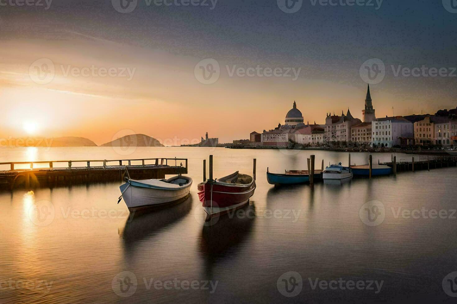 boats docked at the shore of a body of water at sunset. AI-Generated photo