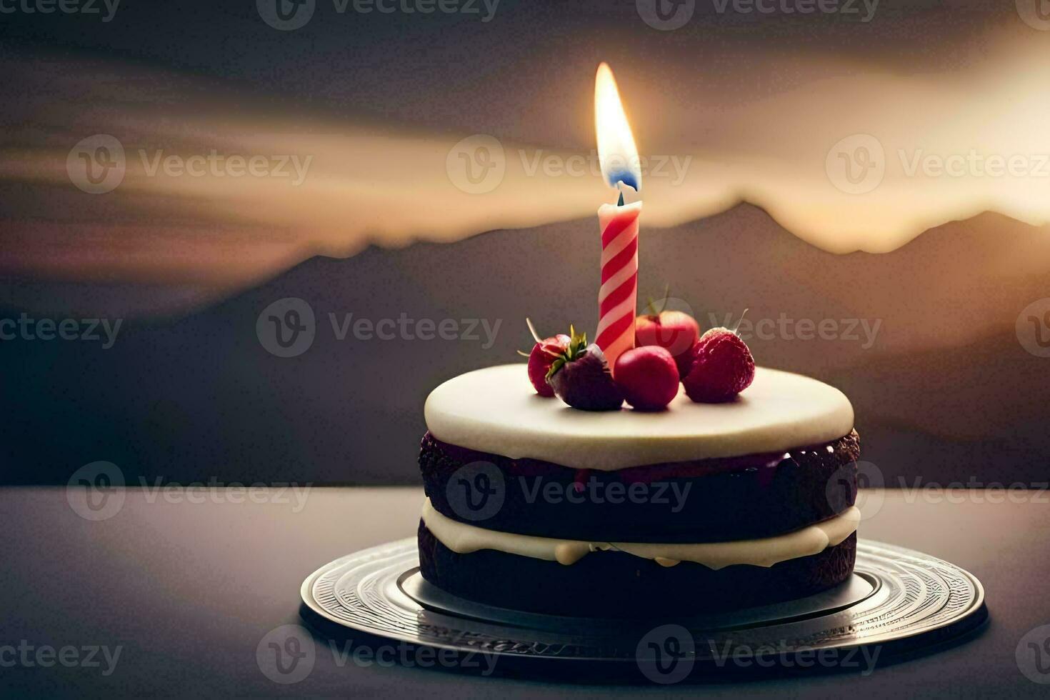 a birthday cake with a single candle on top. AI-Generated photo