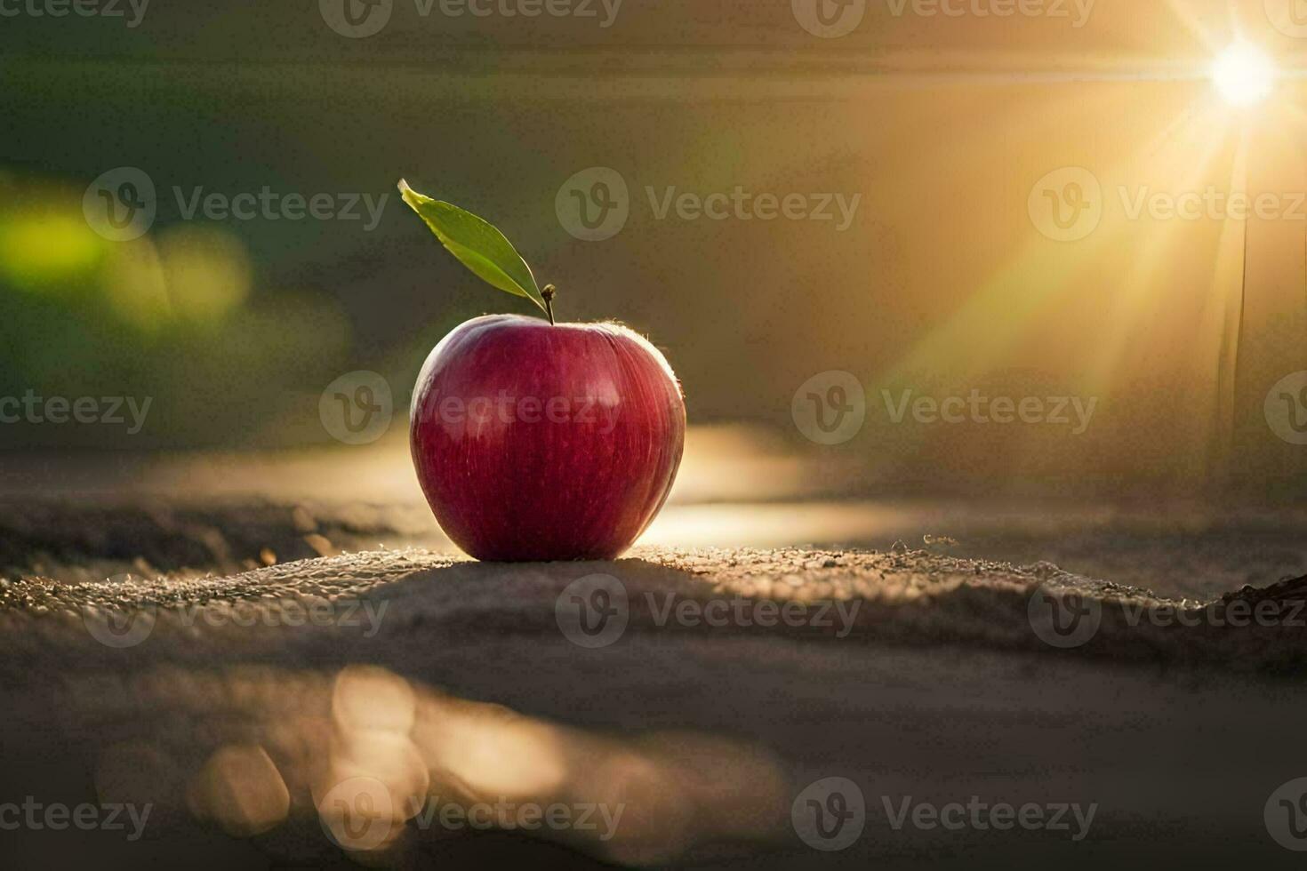 an apple is sitting on the ground in front of the sun. AI-Generated photo