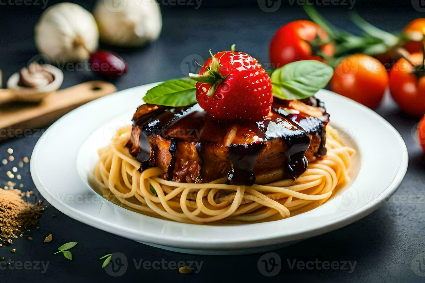 spaghetti with meat and tomato sauce on a plate. AI-Generated photo