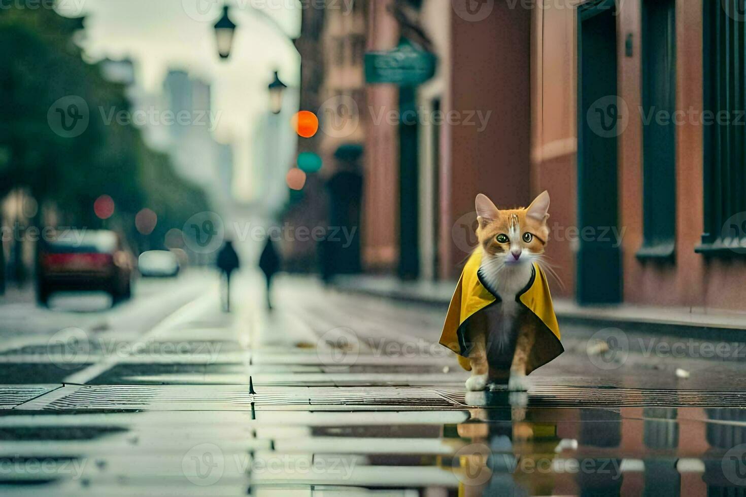 a cat wearing a yellow raincoat walking down a city street. AI-Generated photo