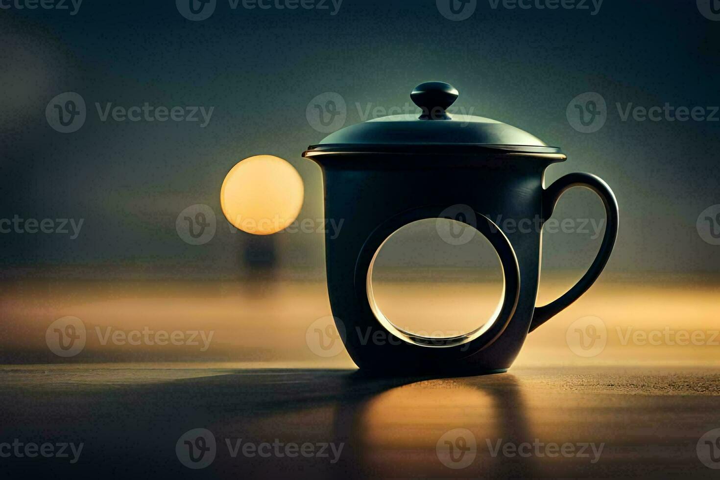 a black coffee cup sitting on a table. AI-Generated photo