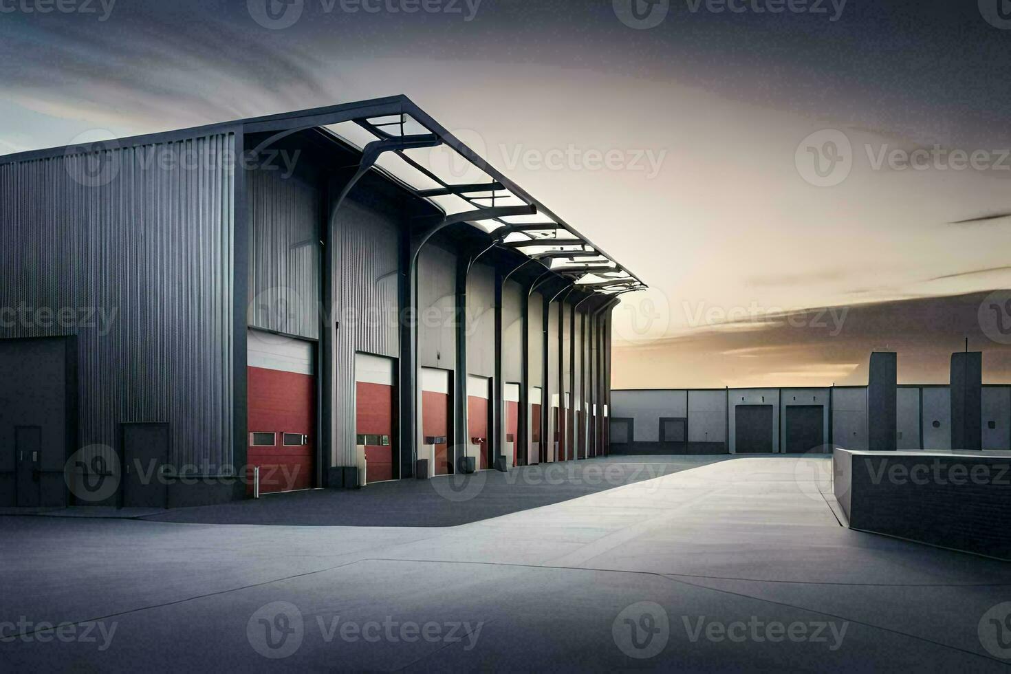 a large industrial building with a large garage door. AI-Generated photo