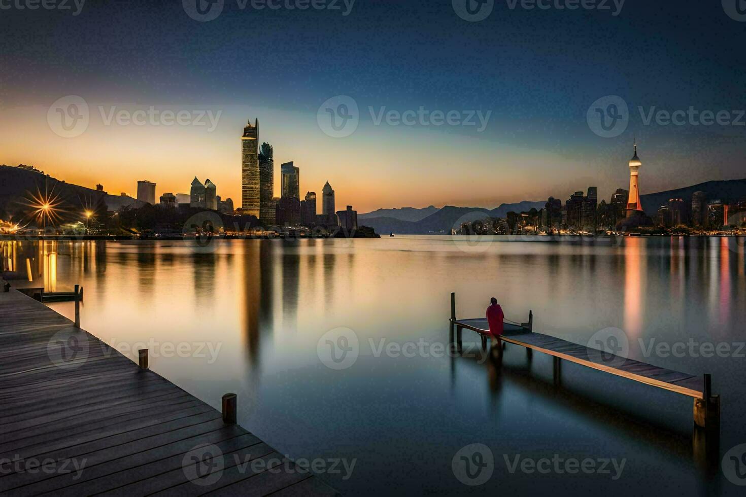 a woman stands on a dock looking out over the water. AI-Generated photo
