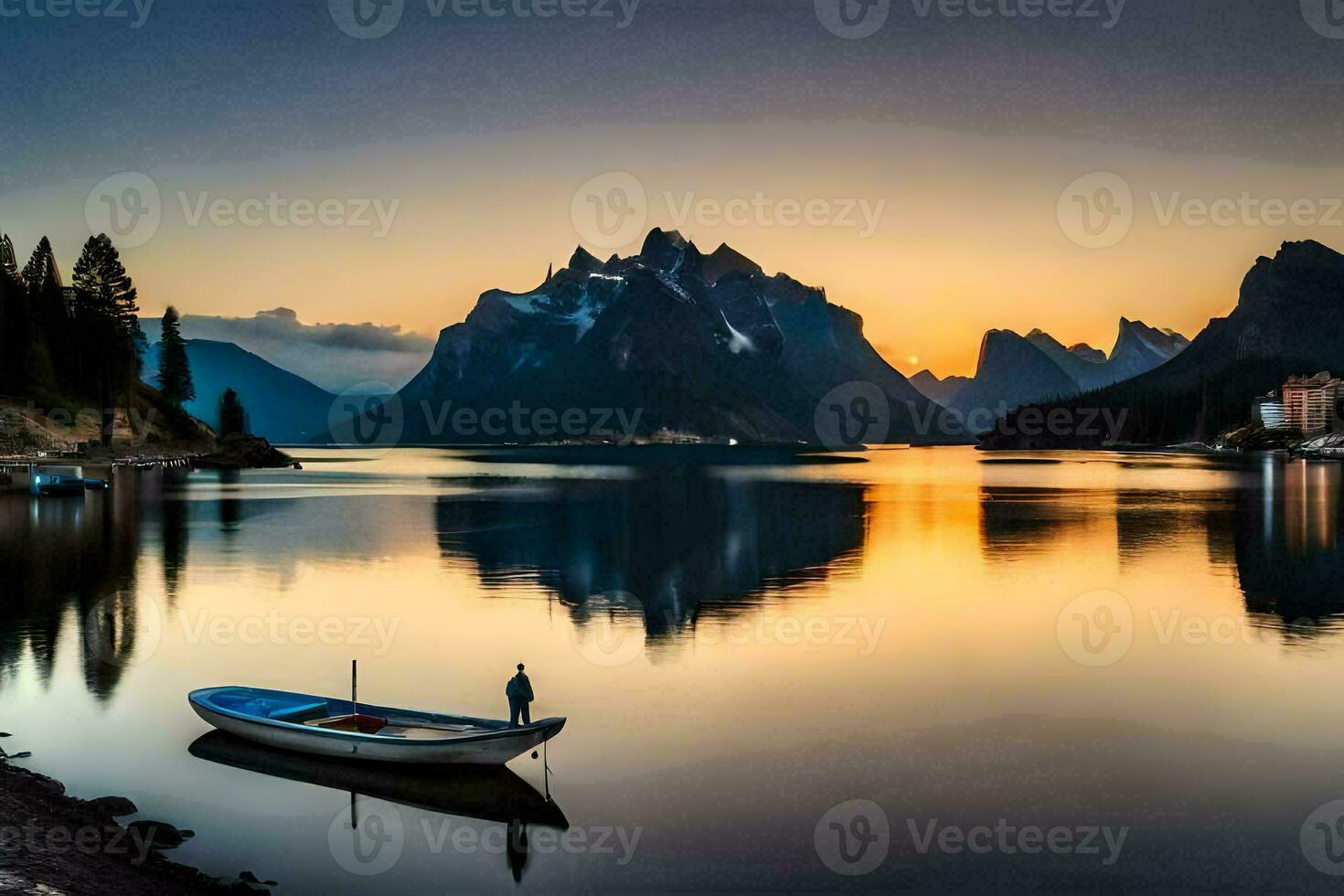 a boat sits on the water at sunset with mountains in the background. AI-Generated photo