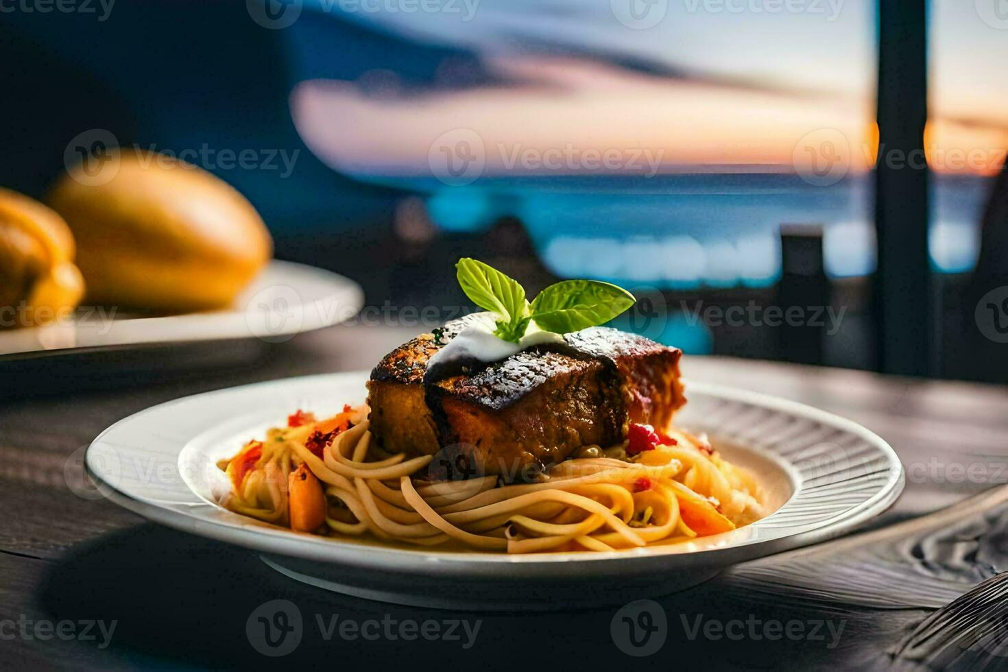 a plate of pasta with meat and vegetables on a table. AI-Generated photo