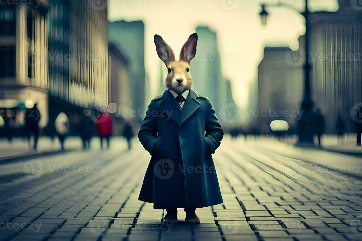 a rabbit wearing a coat and tie standing on a street. AI-Generated photo