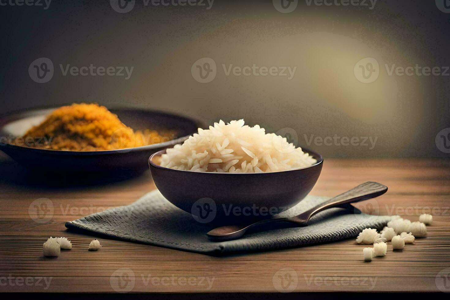 arroz en un cuenco y especias en un de madera mesa. generado por ai foto