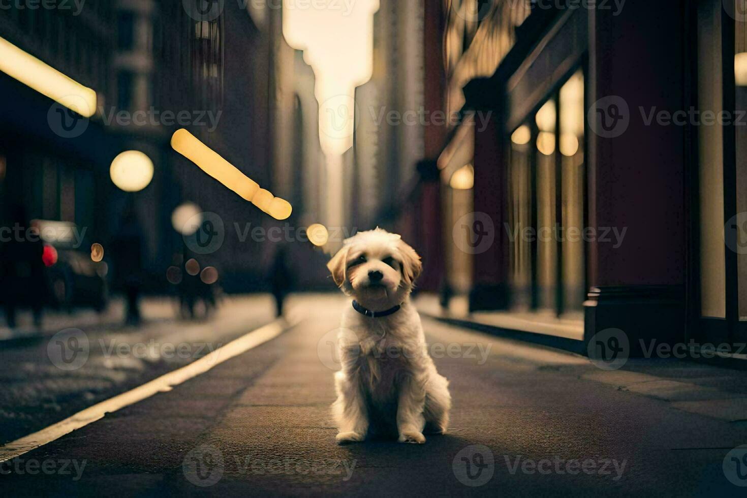 a small dog sitting on the street in a city. AI-Generated photo