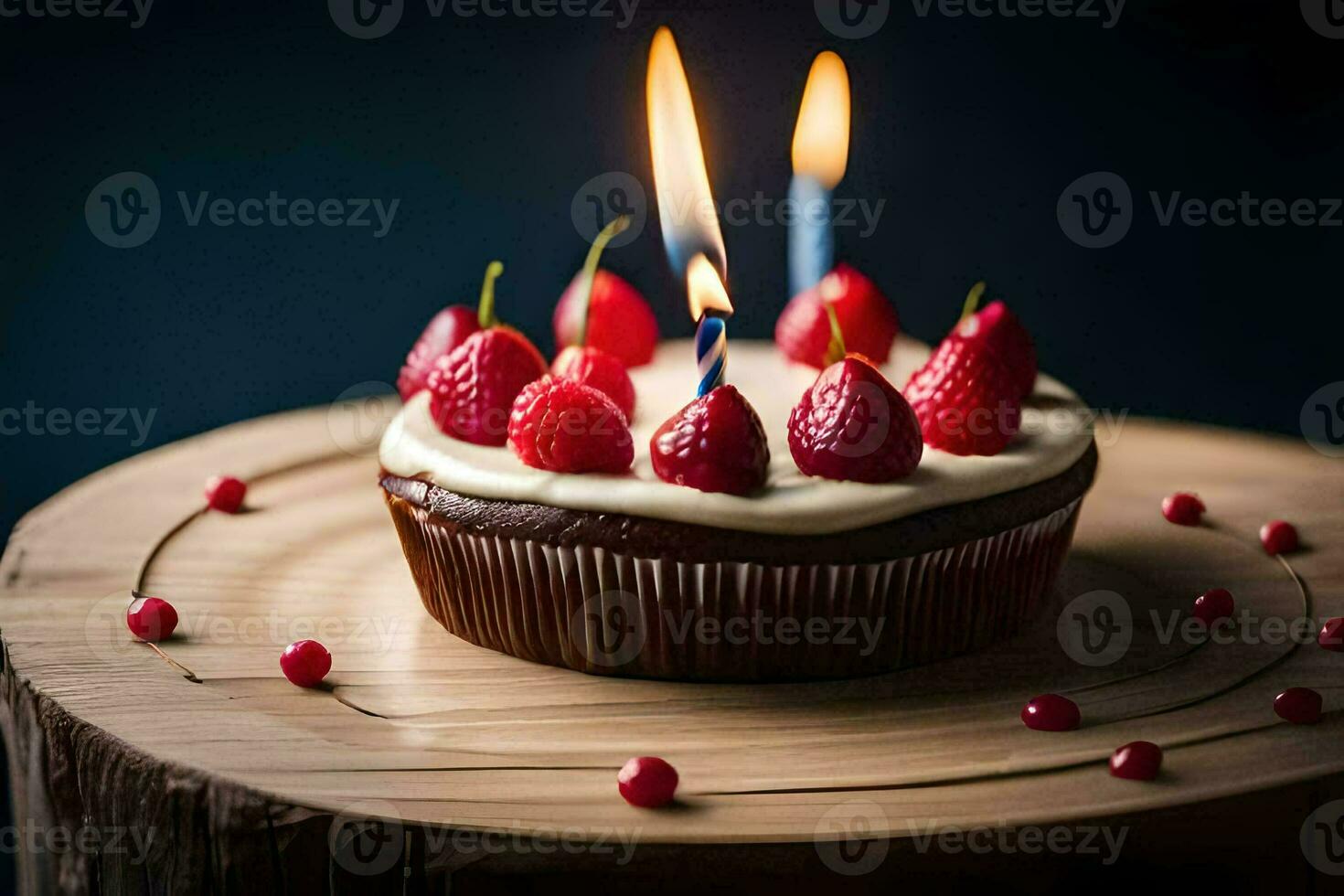 a birthday cake with two burning candles. AI-Generated photo