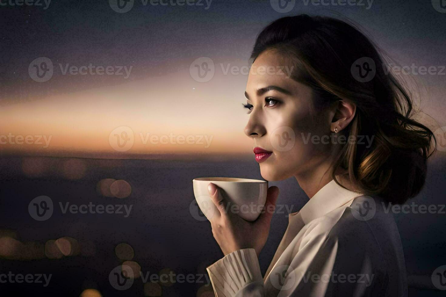 a woman holding a cup of coffee in front of a city skyline. AI-Generated photo