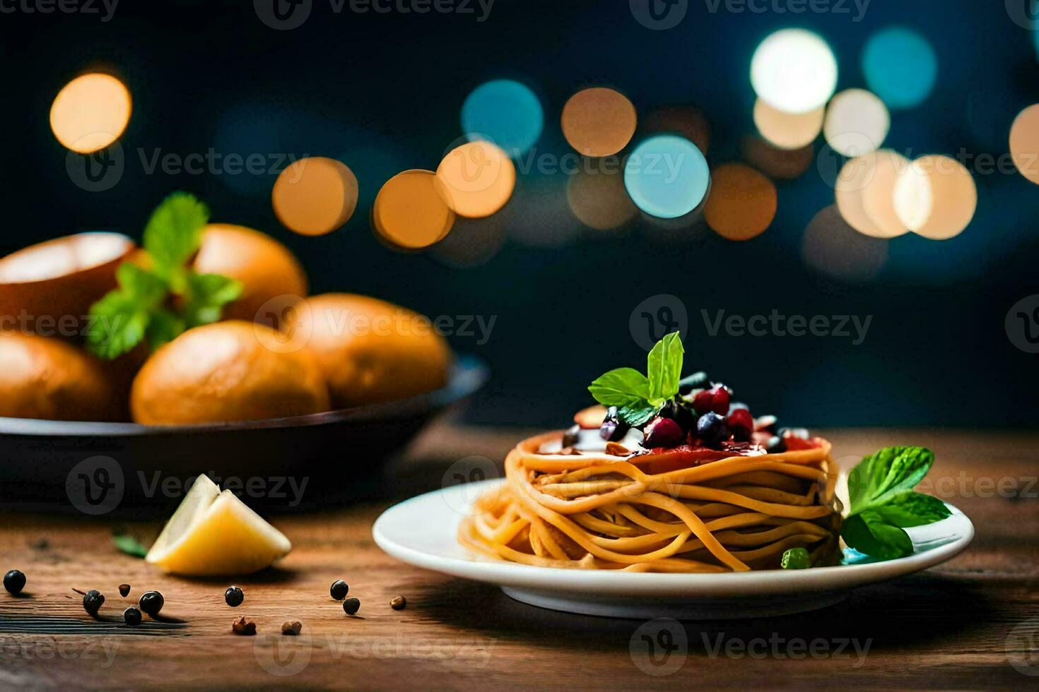 spaghetti with tomato sauce and bread on a plate. AI-Generated photo