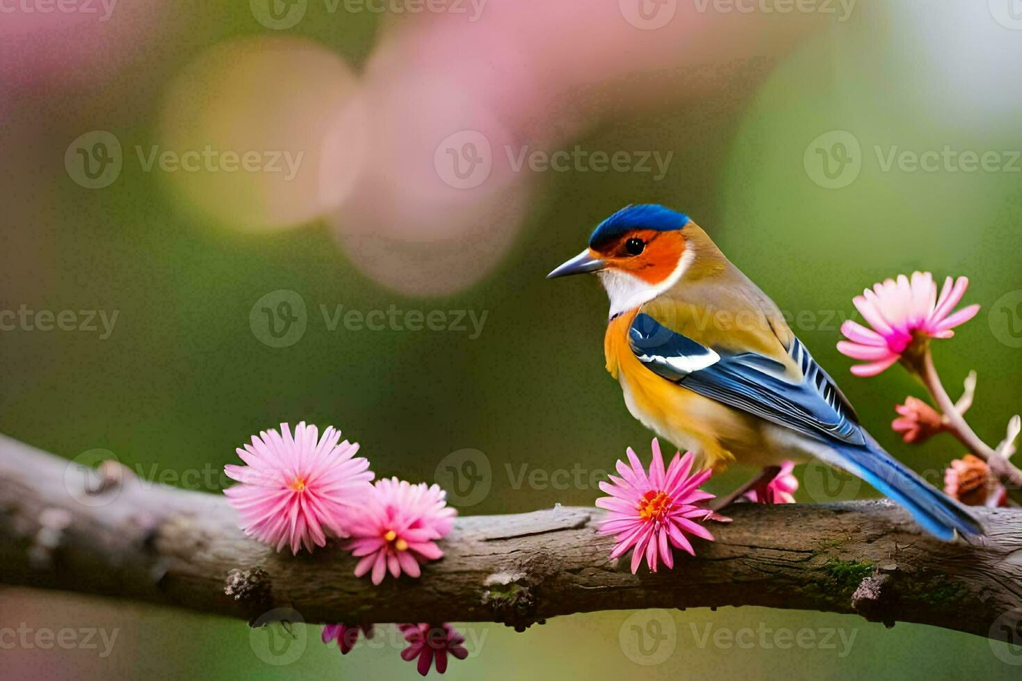 a bird sits on a branch with pink flowers. AI-Generated photo