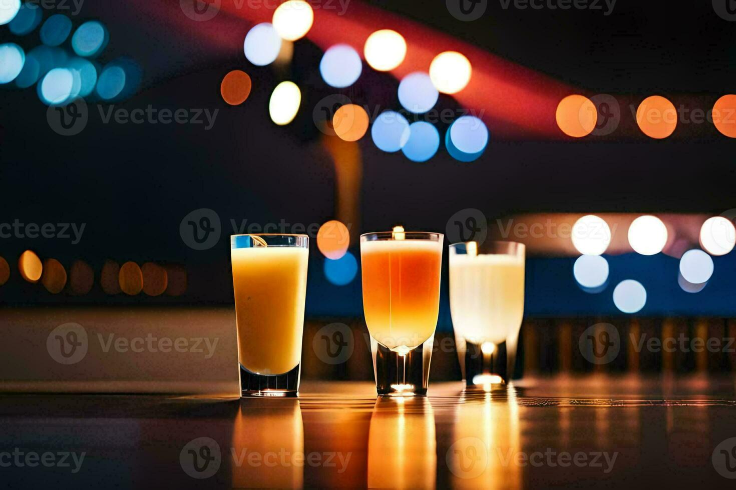 Tres lentes de naranja jugo en un mesa en frente de un borroso antecedentes. generado por ai foto