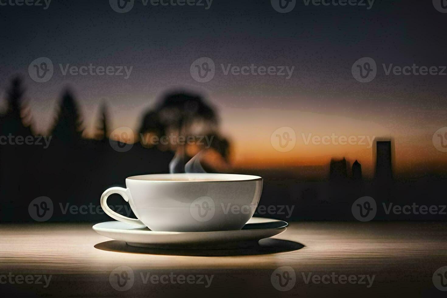 a cup of coffee on a table in front of a city skyline. AI-Generated photo