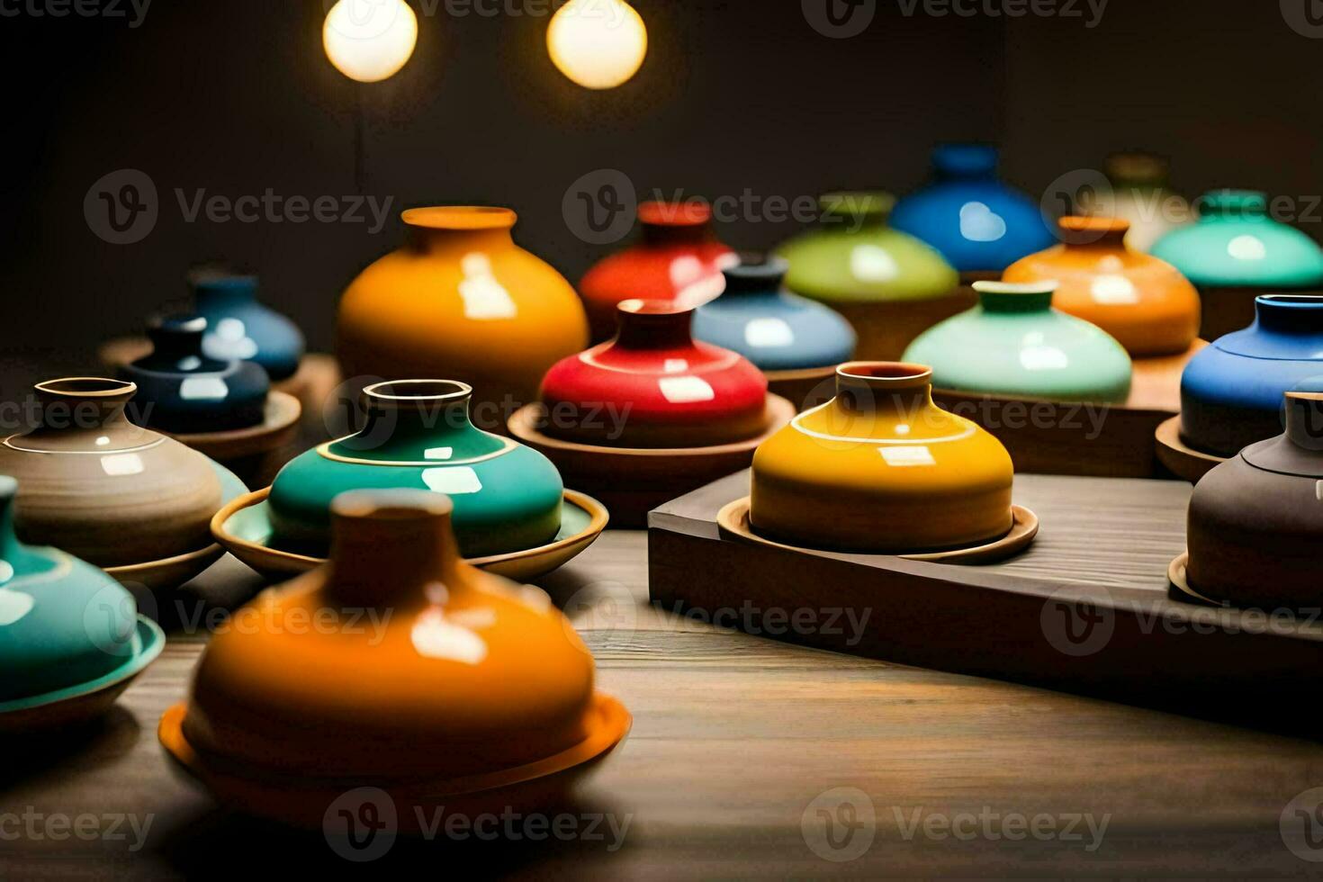 a collection of colorful vases on a wooden table. AI-Generated photo