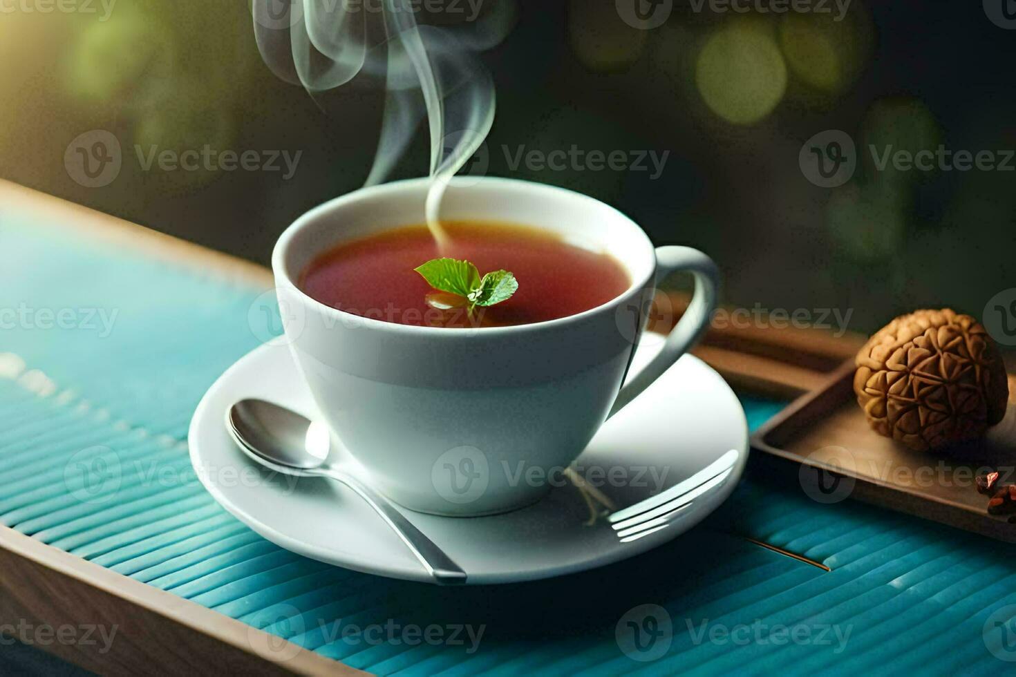 un taza de té con un hoja en el platillo. generado por ai foto