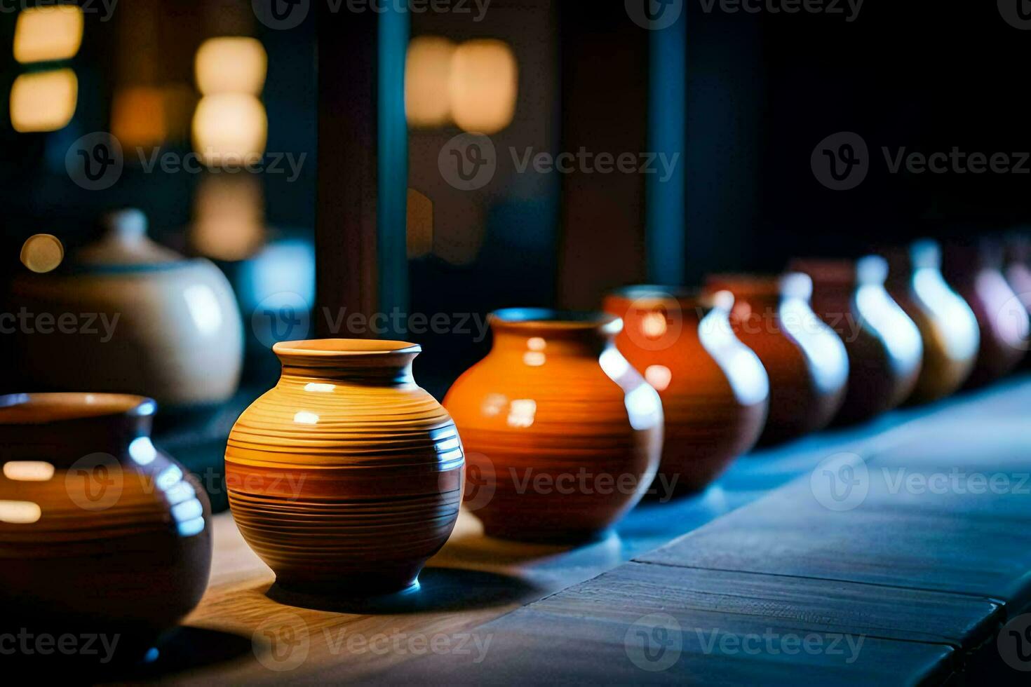 a row of vases lined up on a table. AI-Generated photo