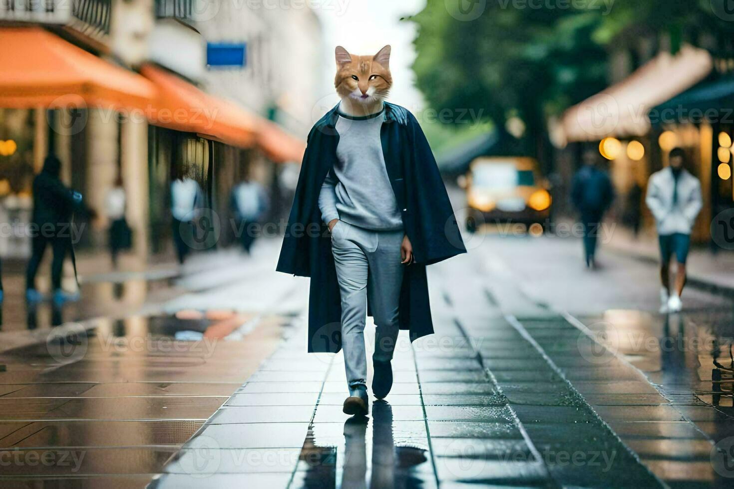 a man wearing a cat mask walking down a street. AI-Generated photo