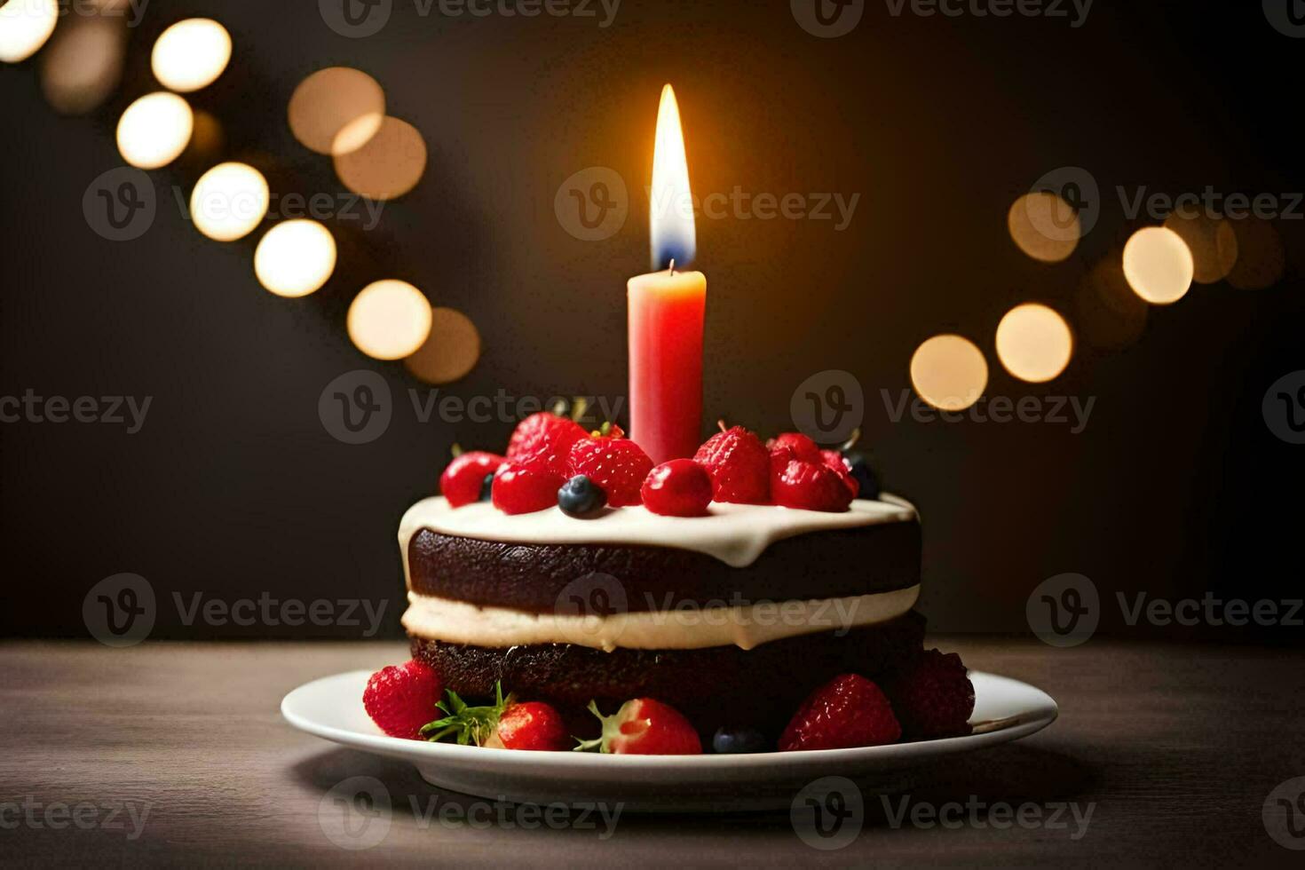 a chocolate cake with berries and a lit candle. AI-Generated photo