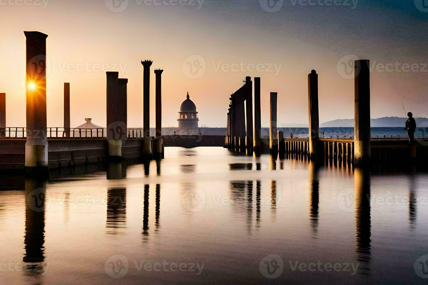 a pier with pillars and a lighthouse at sunset. AI-Generated photo