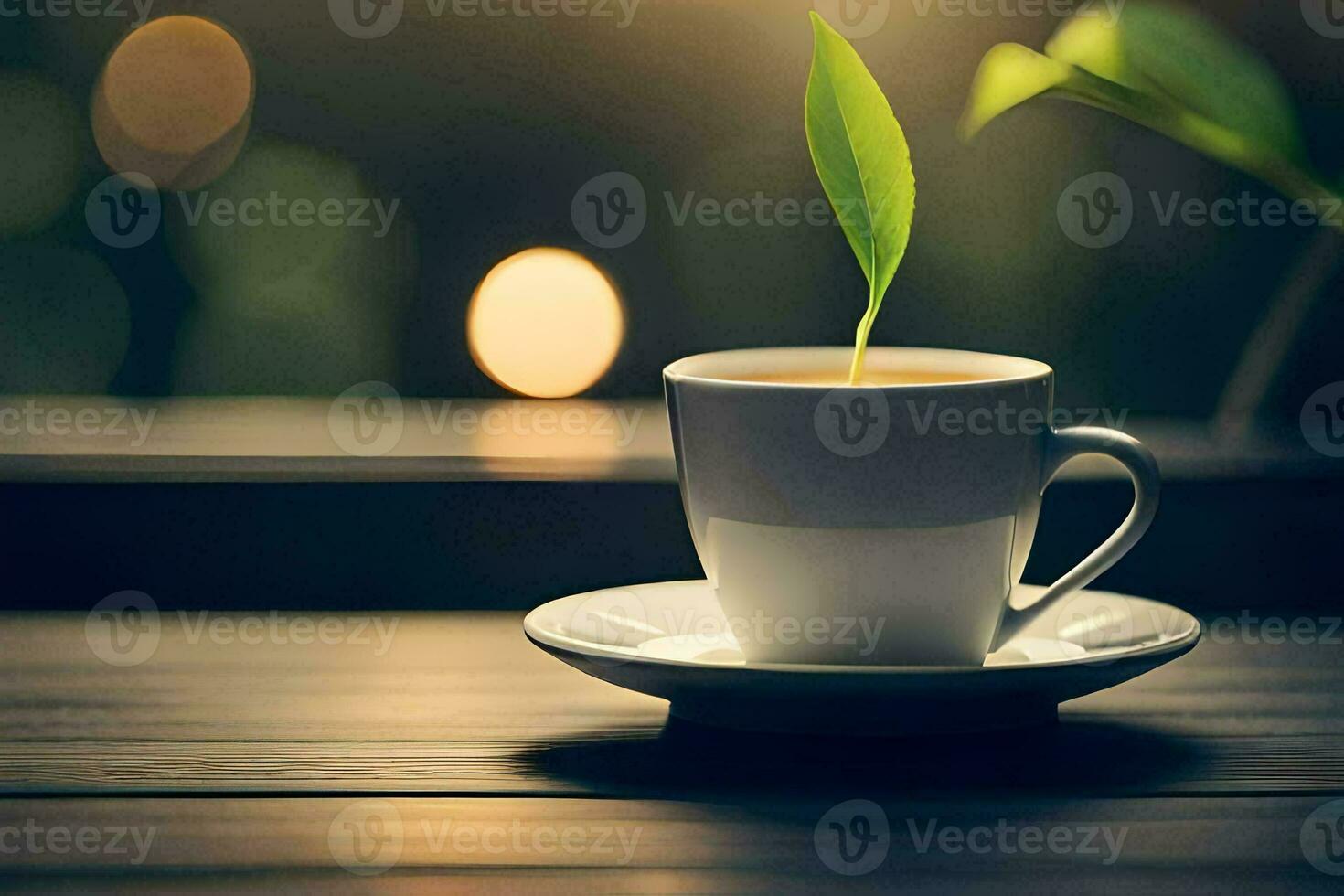 a cup of tea with a green plant. AI-Generated photo