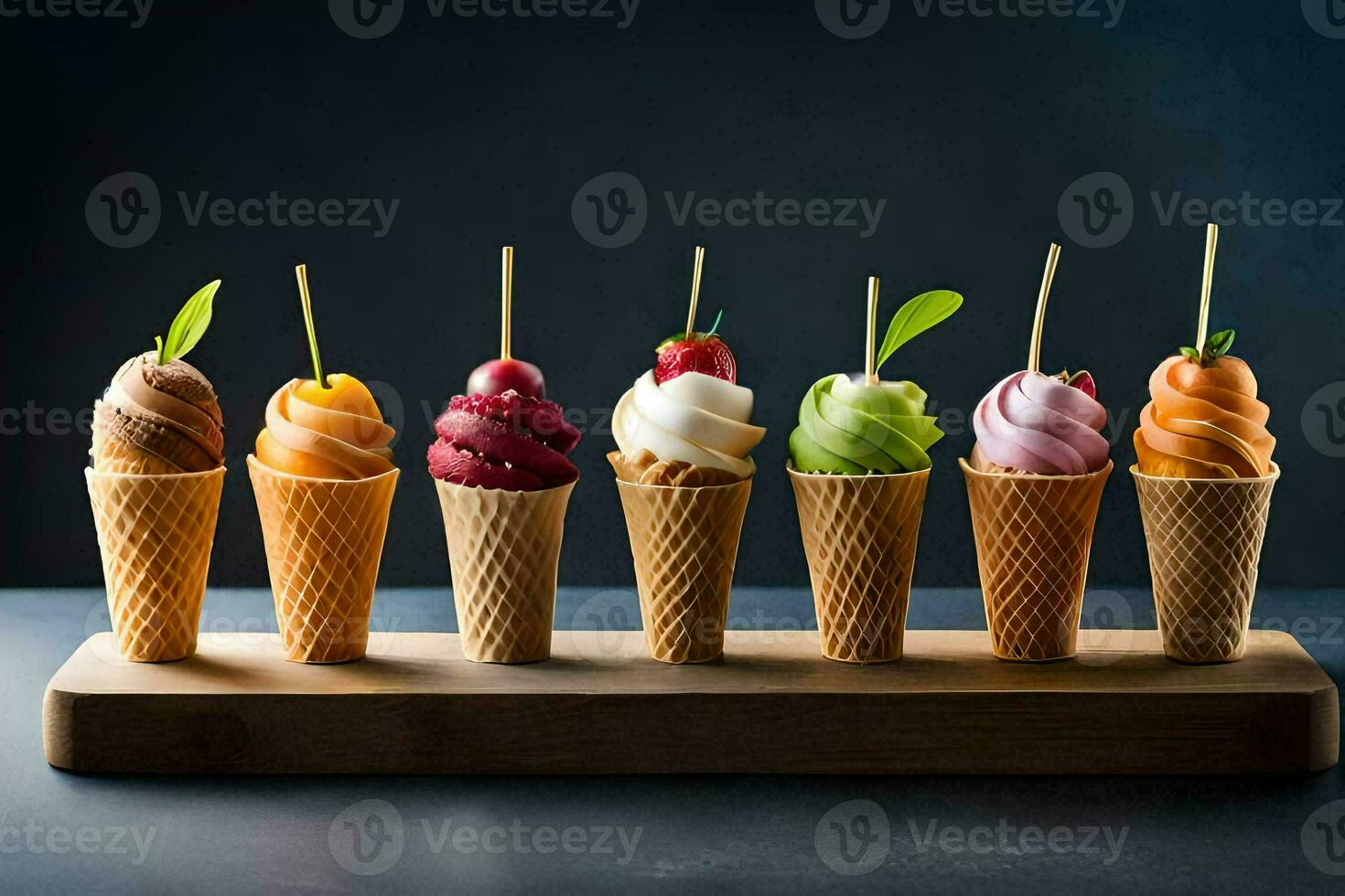 a row of ice cream cones with different flavors. AI-Generated photo