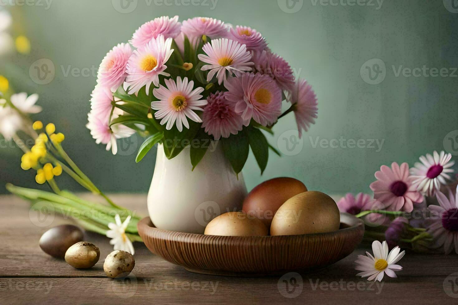 foto fondo de pantalla flores, el mesa, huevos, flores, Pascua de Resurrección, flores, flores, fácil. generado por ai