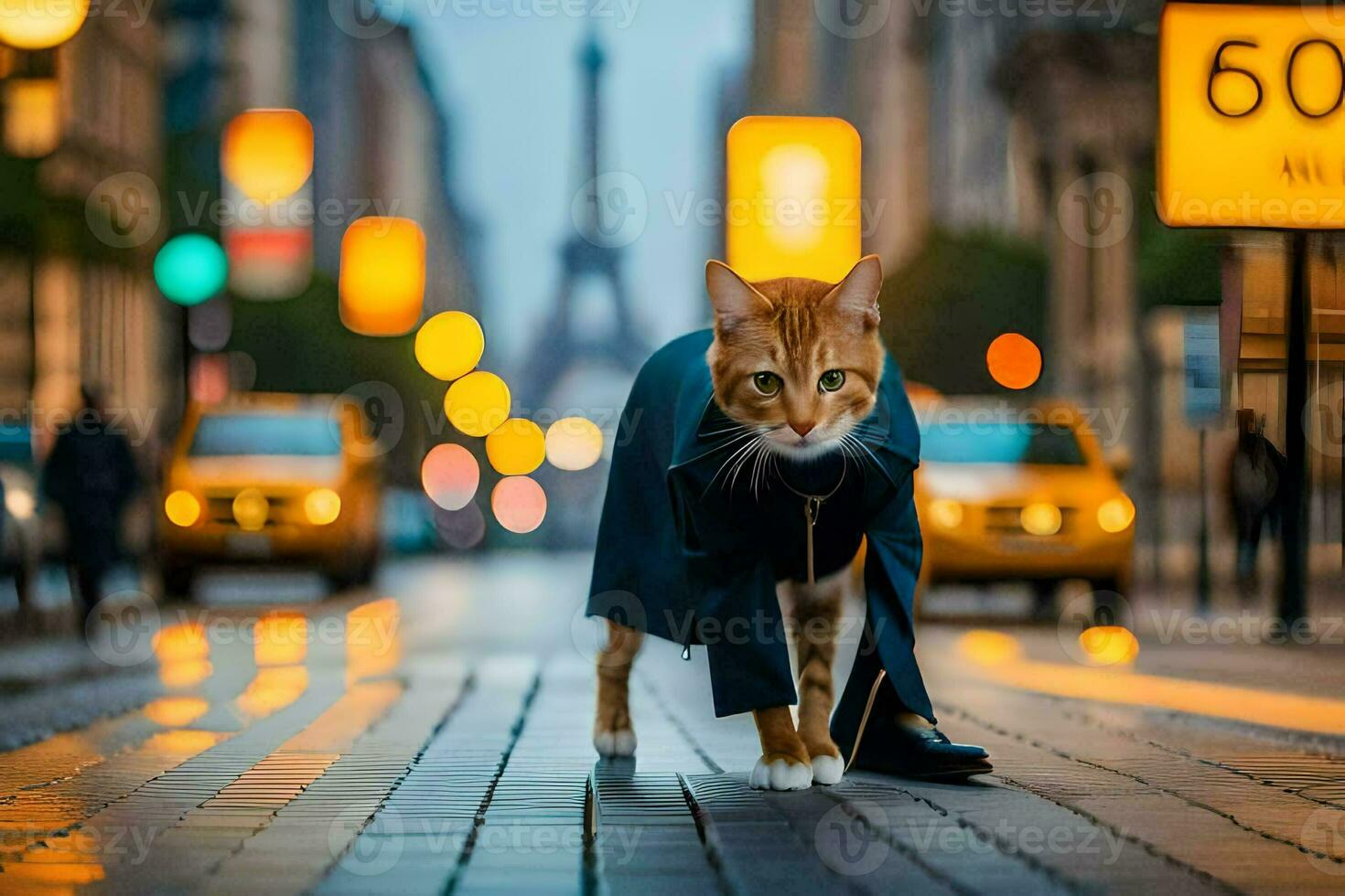 a cat in a coat walking down a street. AI-Generated photo