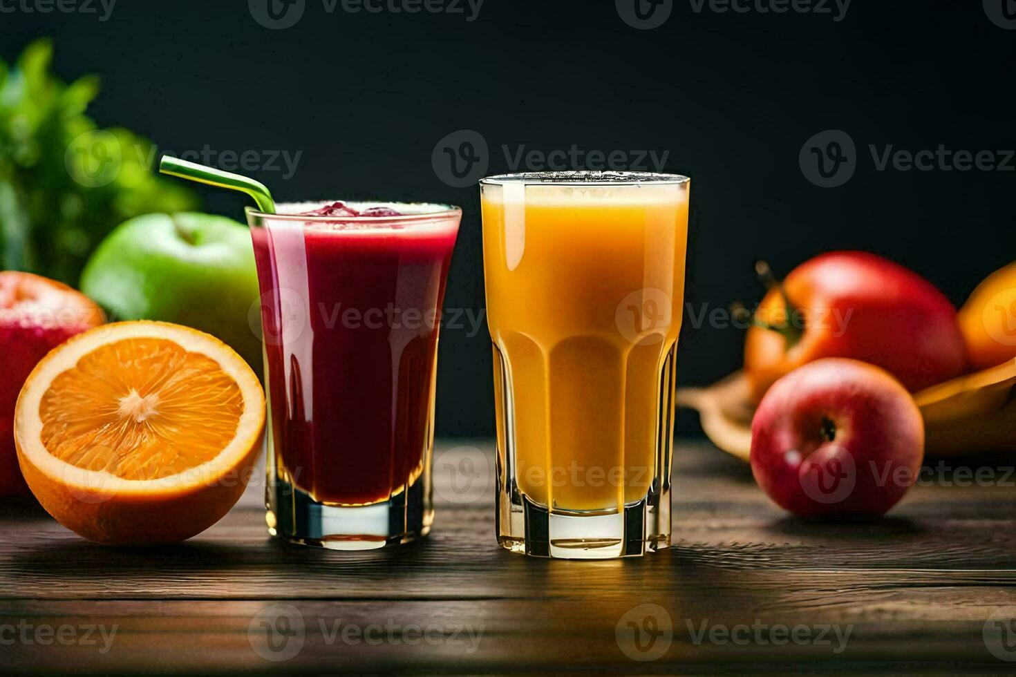 two glasses of juice with fruits and vegetables. AI-Generated photo