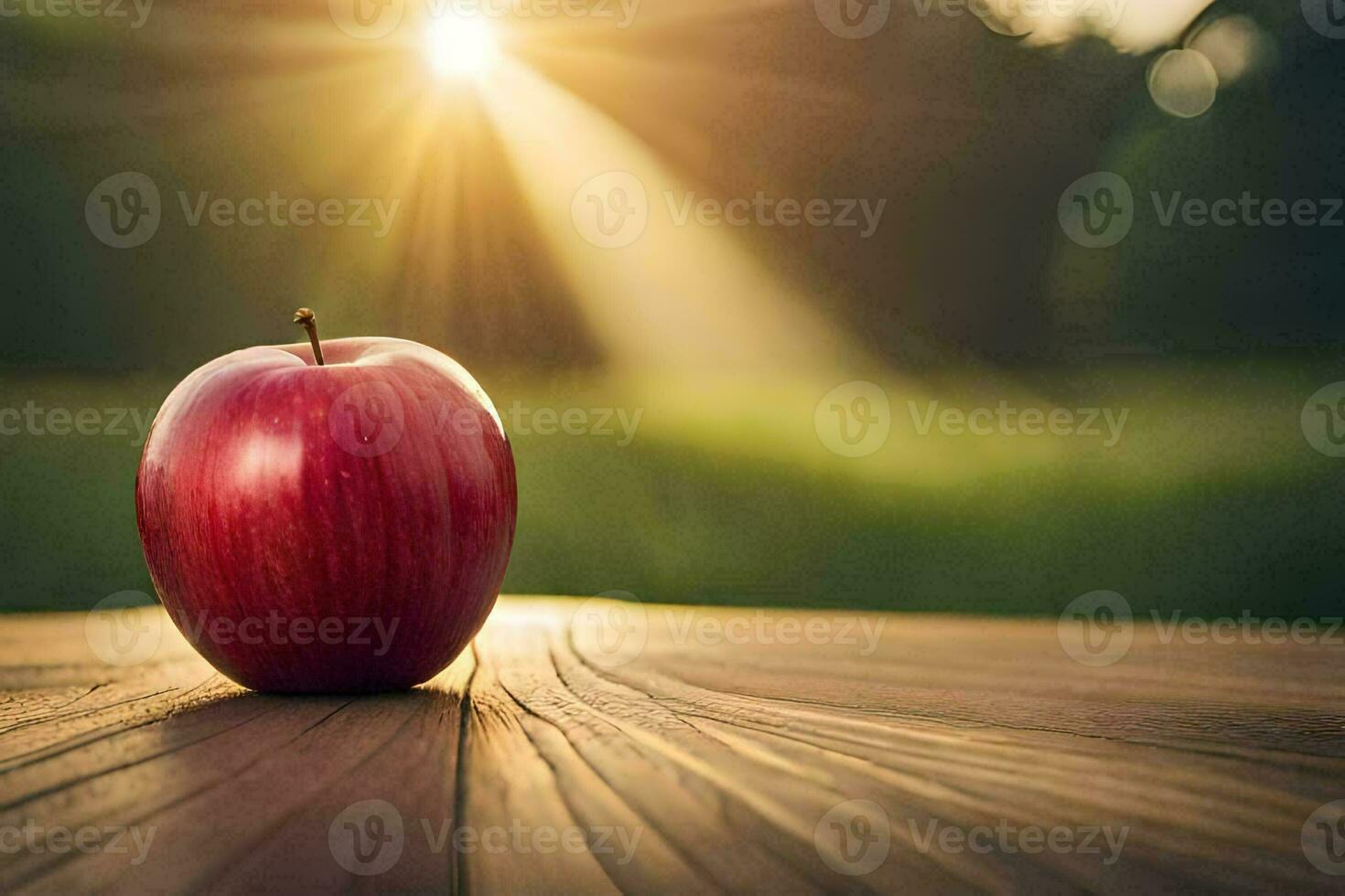 an apple sits on a wooden table in front of the sun. AI-Generated photo