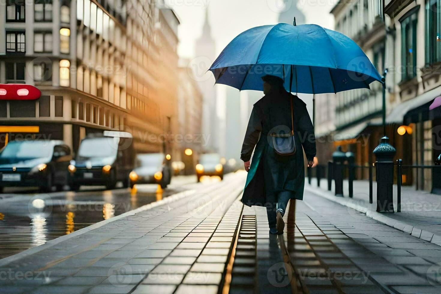 a person walking down a street with an umbrella. AI-Generated photo