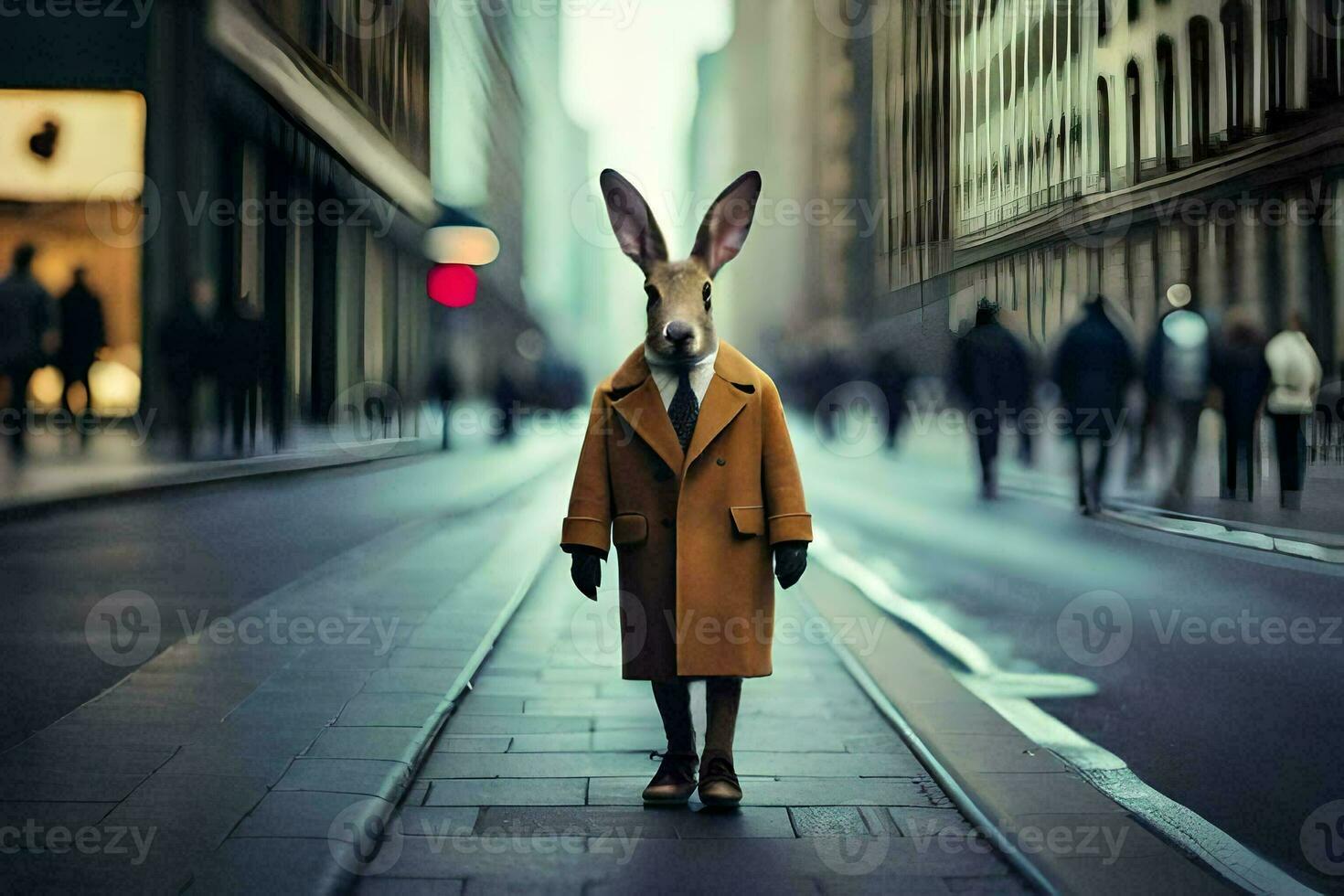 un Conejo vistiendo un Saco y sombrero en un ciudad calle. generado por ai foto