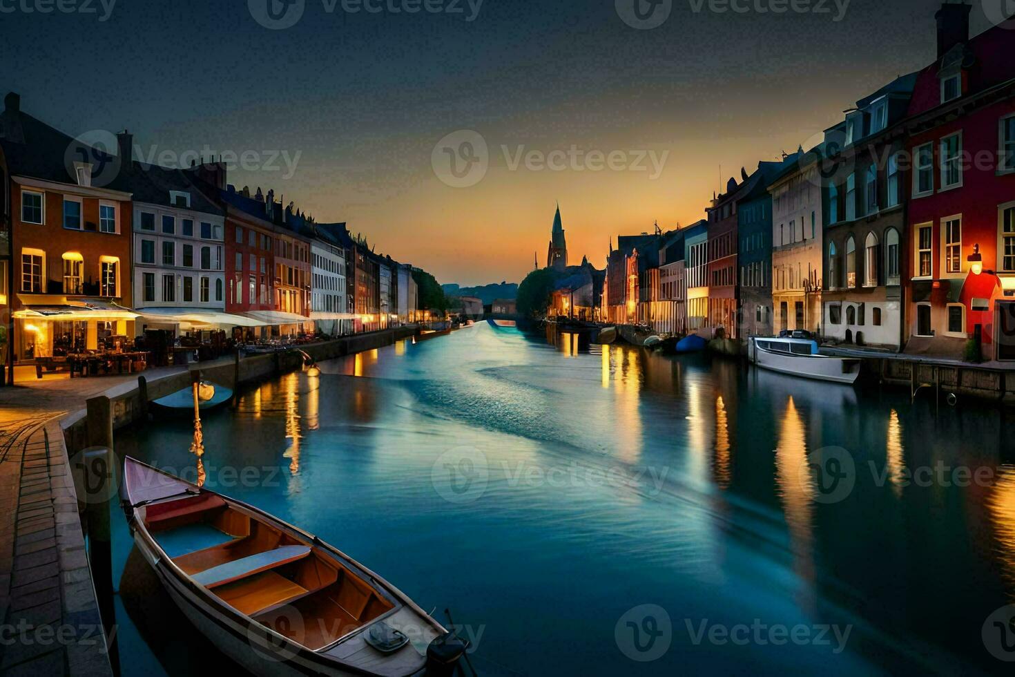 a boat is docked in a canal at dusk. AI-Generated photo