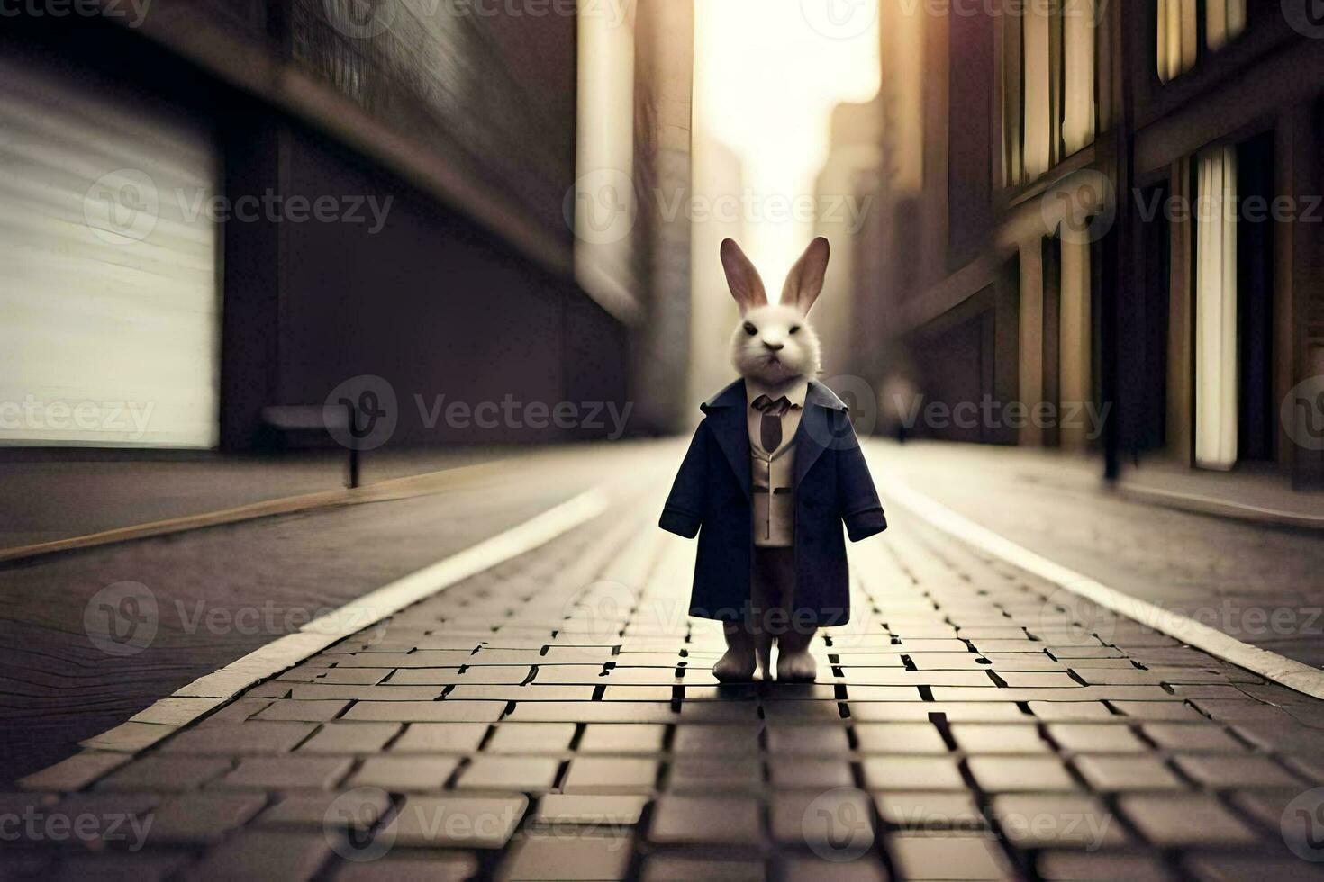 a rabbit in a suit stands on a street. AI-Generated photo