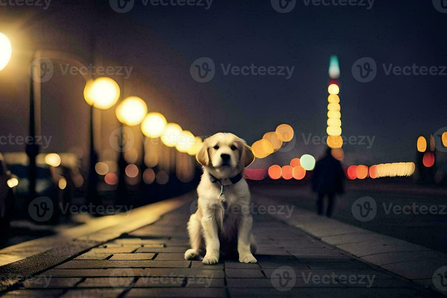 a dog sitting on the sidewalk at night. AI-Generated photo