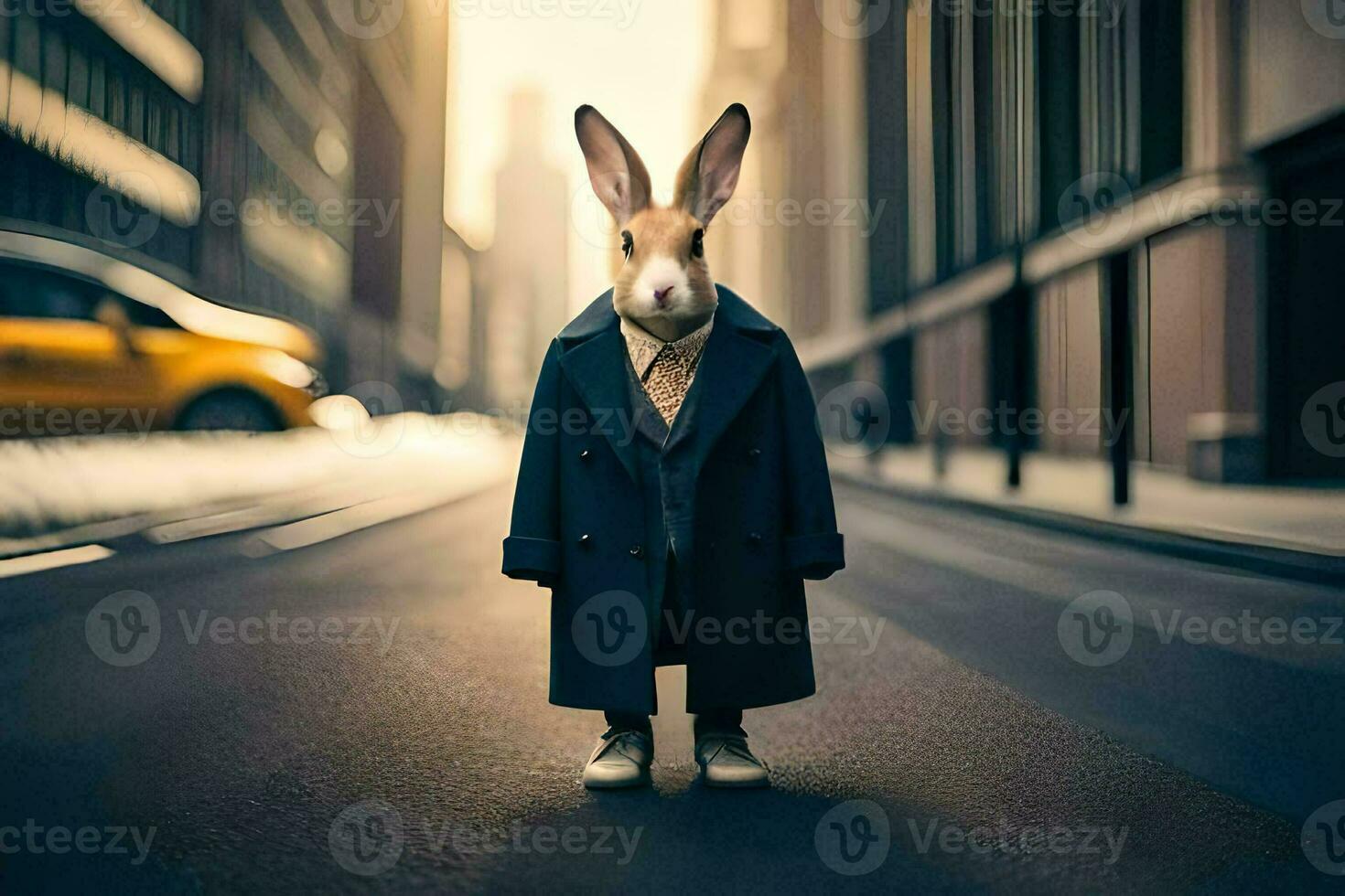 a rabbit wearing a suit and tie standing in the middle of a city street. AI-Generated photo