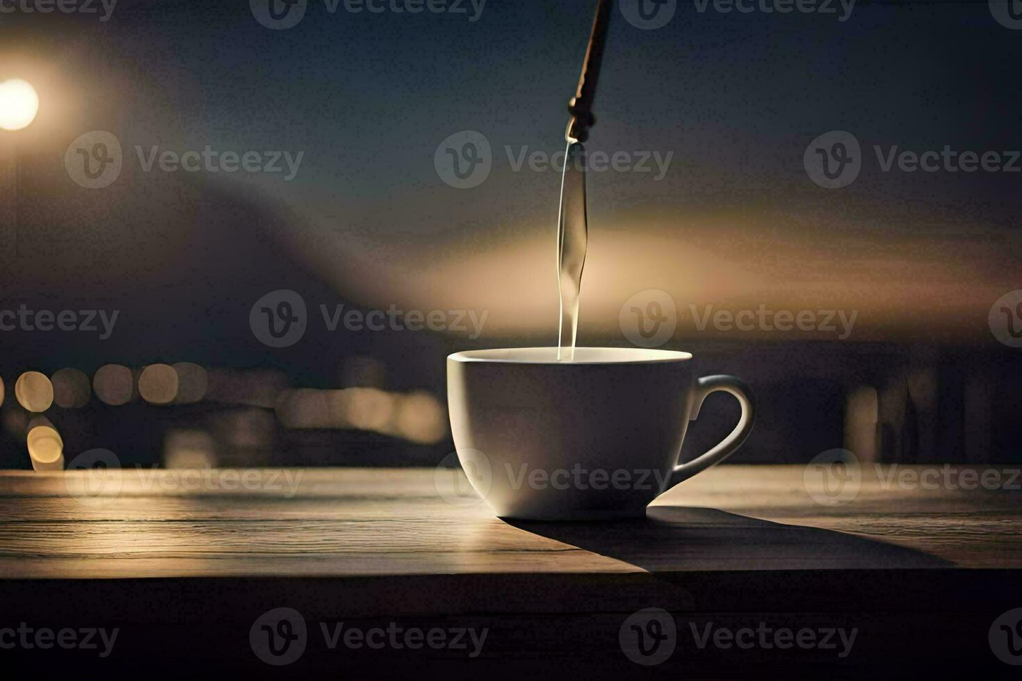 un taza de café en un mesa con un ligero brillante en él. generado por ai foto