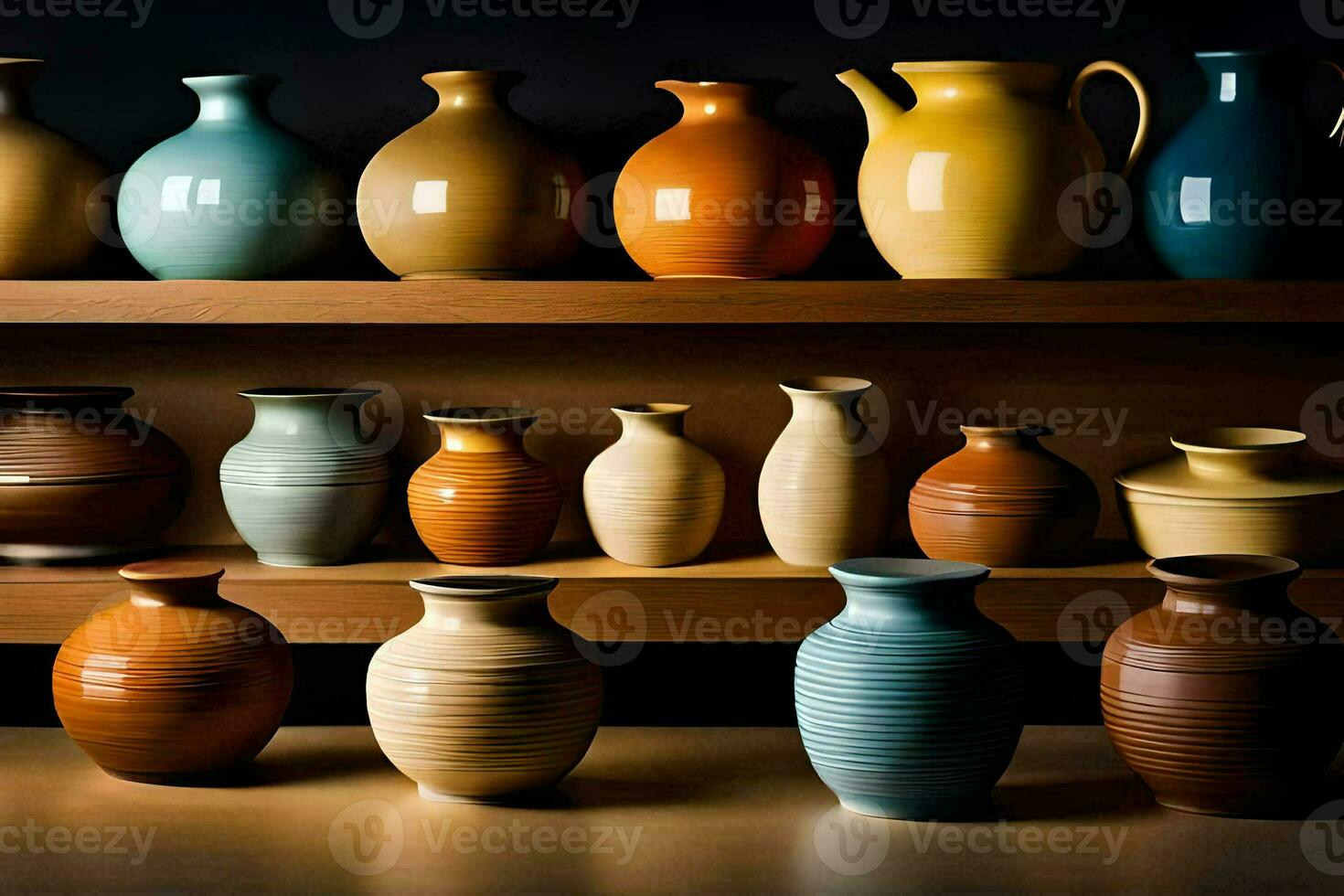 a shelf full of colorful vases on a wooden shelf. AI-Generated photo