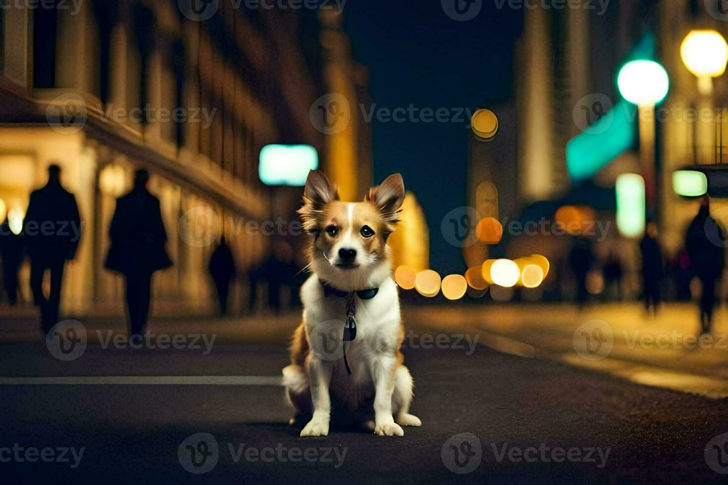 a dog sitting on the street at night. AI-Generated photo