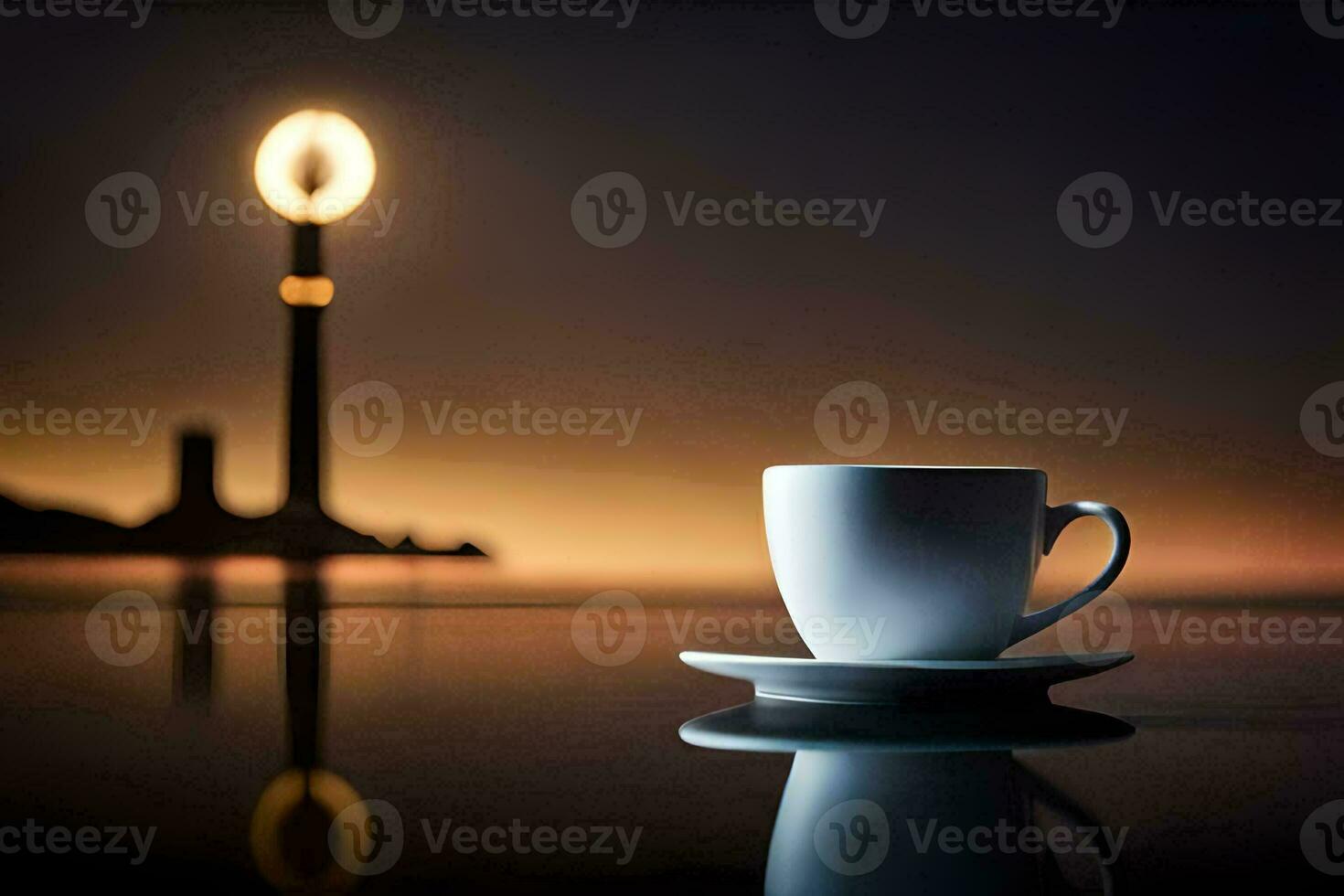 a cup of coffee sits on a table in front of a lighthouse. AI-Generated photo