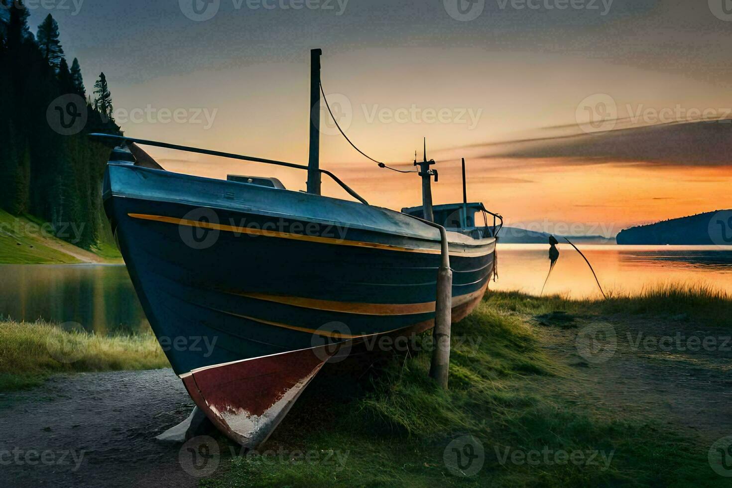 a boat sits on the shore at sunset. AI-Generated photo