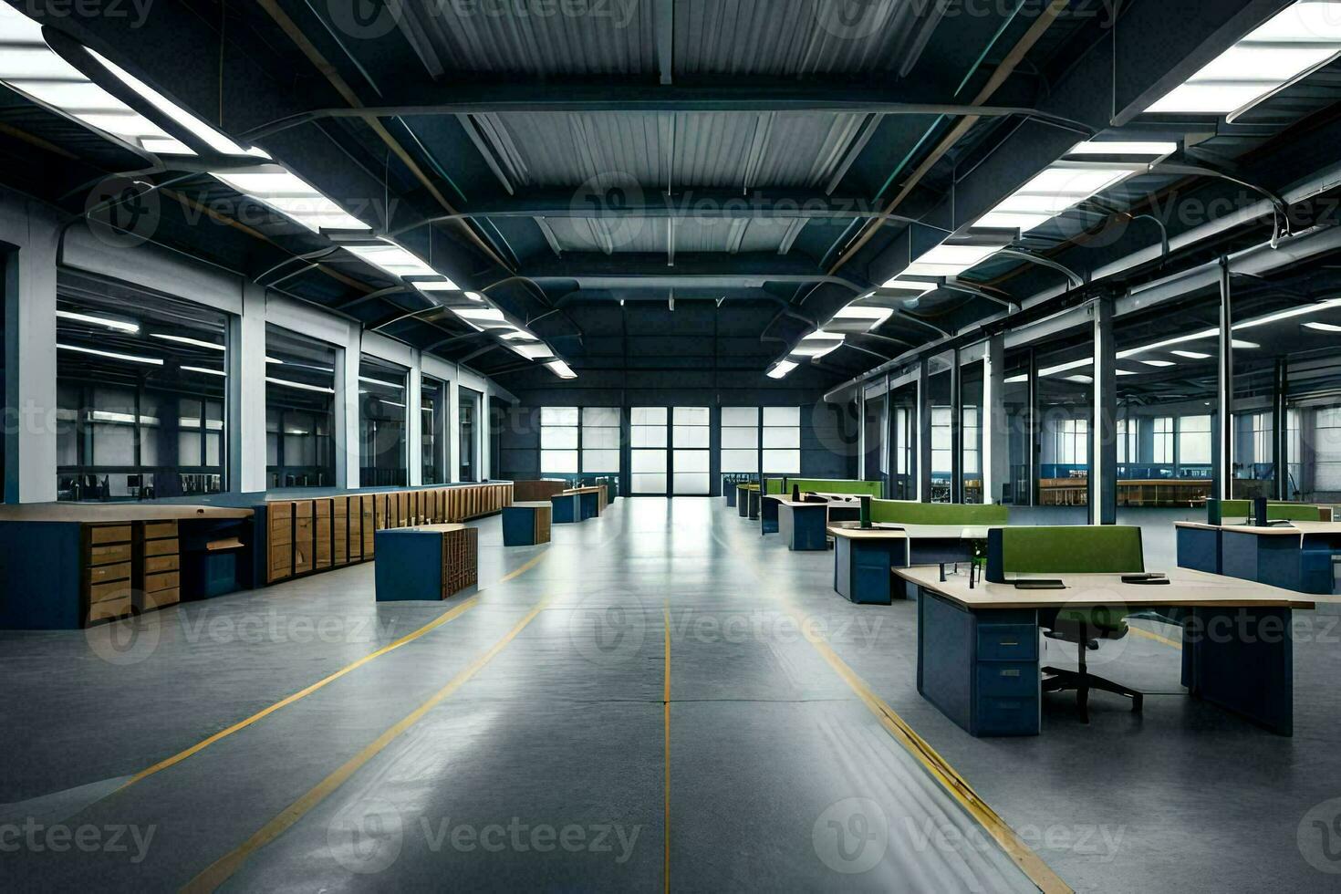 un vacío industrial almacén con escritorios y mesas. generado por ai foto
