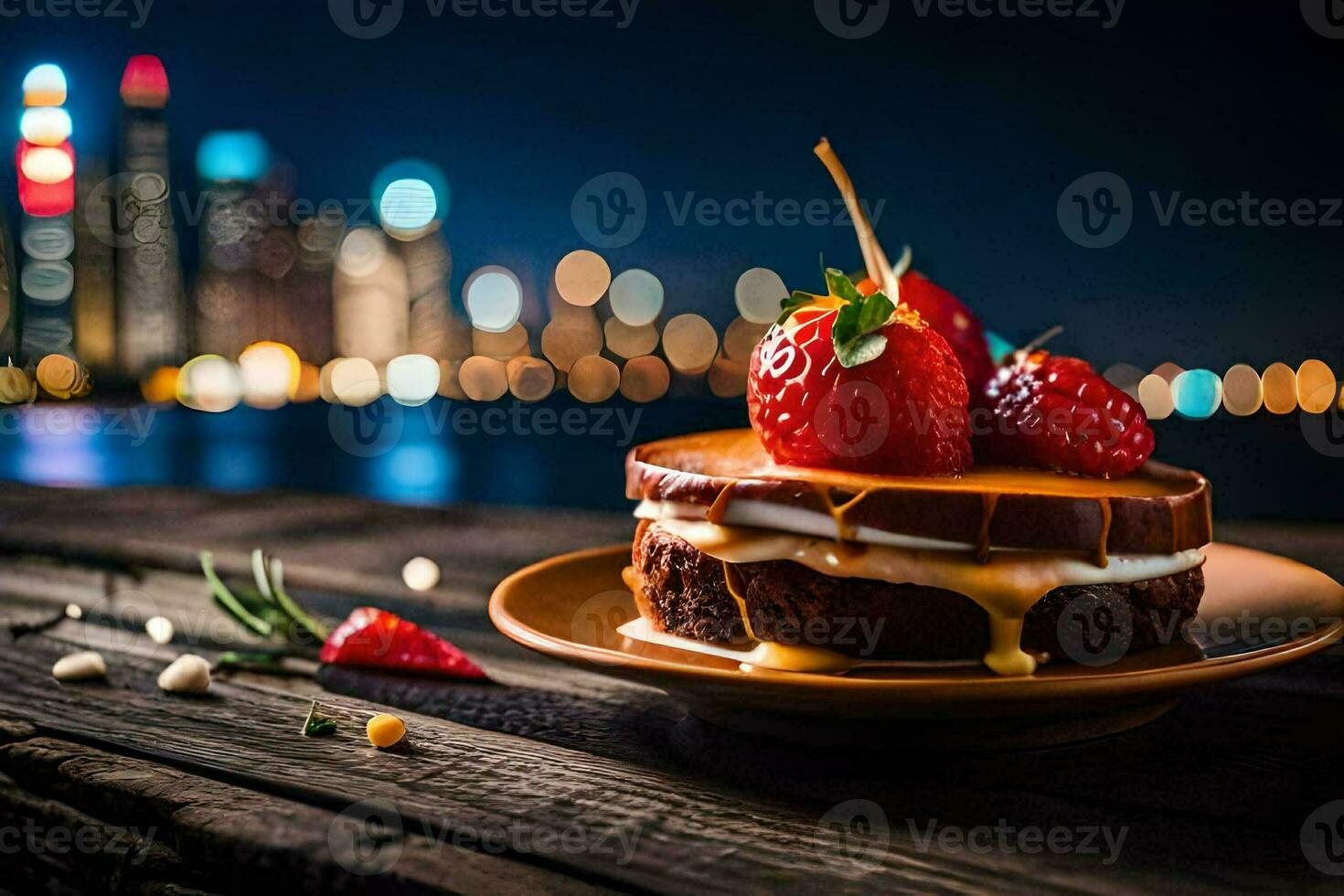 un postre con fresas y crema en un de madera mesa. generado por ai foto